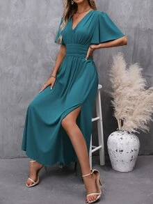 EMERY ROSE Butterfly Sleeve Split Thigh Dress Maxi Women Outfit - Teal Blue - View 6