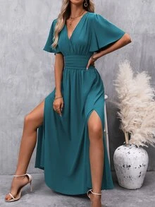 EMERY ROSE Butterfly Sleeve Split Thigh Dress Maxi Women Outfit - Teal Blue - View 8