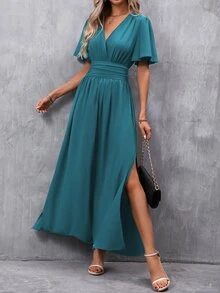 EMERY ROSE Butterfly Sleeve Split Thigh Dress Maxi Women Outfit - Teal Blue - View 3