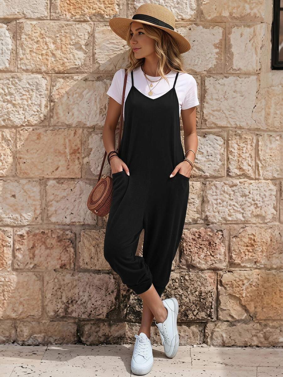 EMERY ROSE Mono de tirantes con doble bolsillo de espalda con abertura de ojo sin camiseta - Negro - Ver 1