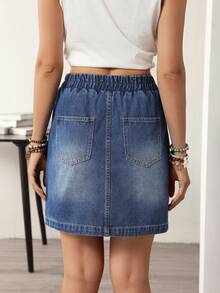 EMERY ROSE Women Casual Cotton Denim Straight Mini Skirt With Pockets, Versatile - Blue - View 2