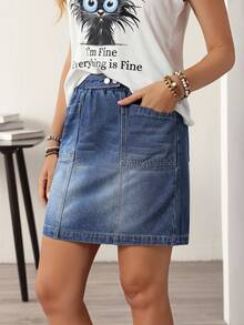 EMERY ROSE Women Casual Cotton Denim Straight Mini Skirt With Pockets, Versatile - Blue - View 4