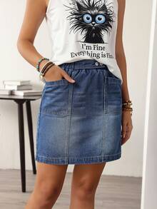 EMERY ROSE Women Casual Cotton Denim Straight Mini Skirt With Pockets, Versatile - Blue - View 5