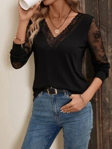 EMERY ROSE Contrast Lace V Neck Top Fall Cloth For Women - Black - View 6
