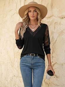 EMERY ROSE Contrast Lace V Neck Top Fall Cloth For Women - Black - View 1