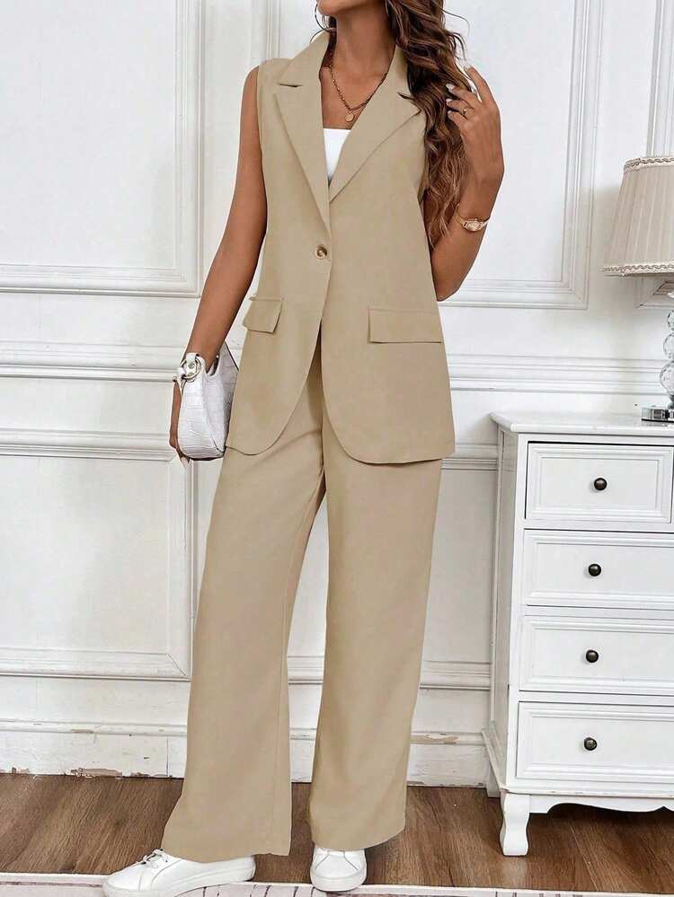 EMERY ROSE Solid Single Button Vest Blazer & Pants - Khaki - View 4