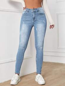 EMERY ROSE High Waisted Zip Up Skinny Jeans - Light Wash - View 4