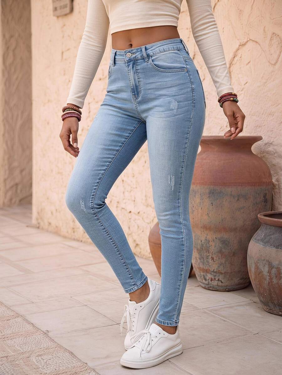 EMERY ROSE High Waisted Zip Up Skinny Jeans - Light Wash - View 1