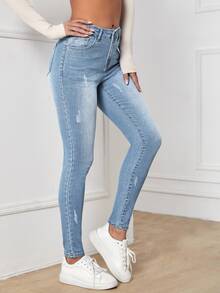 EMERY ROSE High Waisted Zip Up Skinny Jeans - Light Wash - View 6