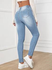 EMERY ROSE High Waisted Zip Up Skinny Jeans - Light Wash - View 2