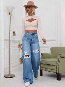 EMERY ROSE Women's Ripped Jeans - Light Wash - View 5