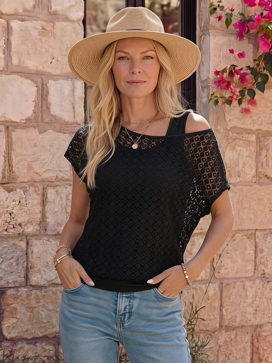 EMERY ROSE Women Lace Splicing Top With 2 In 1 Design - Black - View 1