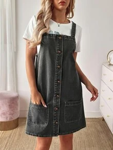EMERY ROSE Vestido vaquero minimalista y casual de unicolor para mujer - Negro - Ver 4