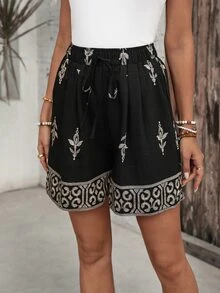 EMERY ROSE Women's Drawstring Waist Pocket Casual Versatile Daily Wear Shorts Summer Holiday Vacation Country Concert - Black - View 5