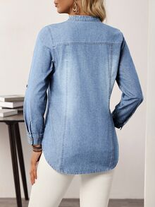 EMERY ROSE Women V-Neck Single-Breasted Hem Cuff Casual Denim Shirt - Light Wash - View 3