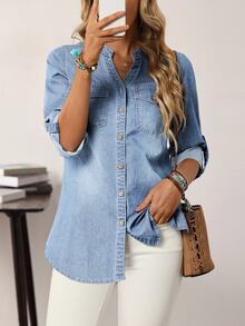 EMERY ROSE Women V-Neck Single-Breasted Hem Cuff Casual Denim Shirt - Light Wash - View 5