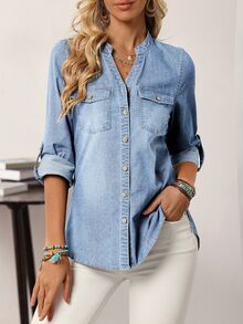 EMERY ROSE Women V-Neck Single-Breasted Hem Cuff Casual Denim Shirt - Light Wash - View 2