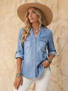 EMERY ROSE Women V-Neck Single-Breasted Hem Cuff Casual Denim Shirt - Light Wash - View 1