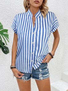 EMERY ROSE Women's Casual Blue Striped Batwing Sleeve Shirt - Blue and White - View 6