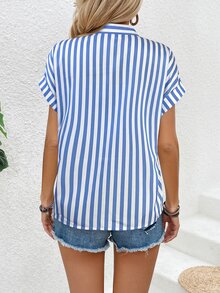 EMERY ROSE Women's Casual Blue Striped Batwing Sleeve Shirt - Blue and White - View 2