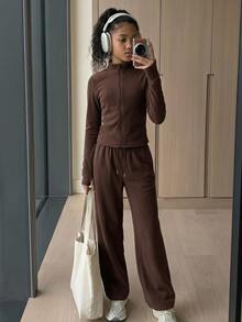 SHEIN Tween Girl Casual Solid Kids Color Jacket And Pants Set - Brown - View 11