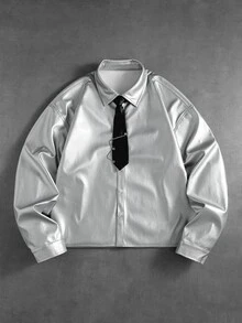 ROMWE MEN Street Life Men's Long Sleeve Coated Single-Breasted Shirt, Fashion - Silver - View 8