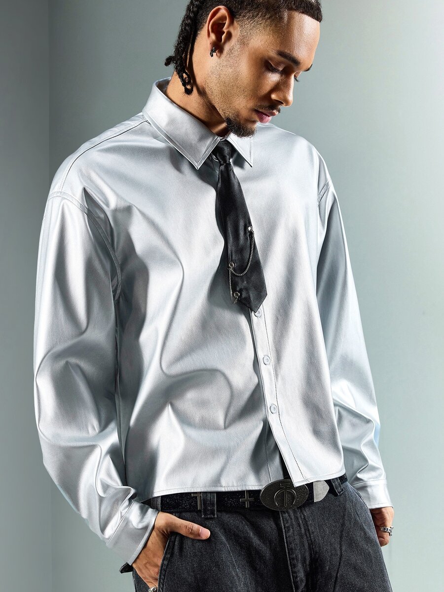 ROMWE MEN Street Life Men's Long Sleeve Coated Single-Breasted Shirt, Fashion - Silver - View 1