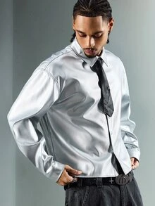 ROMWE MEN Street Life Men's Long Sleeve Coated Single-Breasted Shirt, Fashion - Silver - View 4