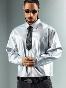 ROMWE MEN Street Life Men's Long Sleeve Coated Single-Breasted Shirt, Fashion - Silver - View 2