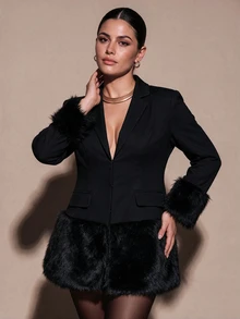 SHEIN BAE CURVE Plus Size Elegant Faux Fur Patchwork Elegant Blazer,Fashion Party Commute Fuzzy Patchwork Blazer, Halloween - Black - View 6