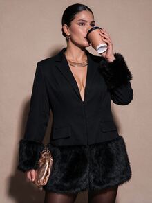 SHEIN BAE CURVE Plus Size Elegant Faux Fur Patchwork Elegant Blazer,Fashion Party Commute Fuzzy Patchwork Blazer, Halloween - Black - View 7