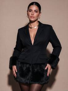 SHEIN BAE CURVE Plus Size Elegant Faux Fur Patchwork Elegant Blazer,Fashion Party Commute Fuzzy Patchwork Blazer, Halloween - Black - View 5