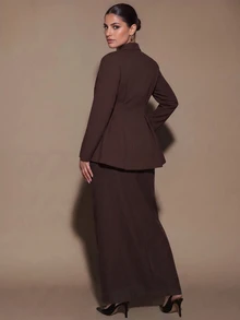 SHEIN BAE CURVE جاكيت بني قهوة بخصر مشدود للنساء مقاس كبير - قهوة بني - مشاهدة 2