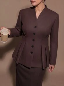 SHEIN BAE CURVE جاكيت بني قهوة بخصر مشدود للنساء مقاس كبير - قهوة بني - مشاهدة 9