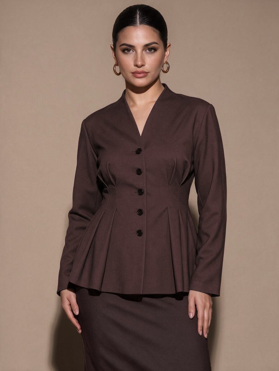 SHEIN BAE CURVE جاكيت بني قهوة بخصر مشدود للنساء مقاس كبير - قهوة بني - مشاهدة 1