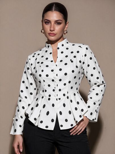 SHEIN BAE CURVE Plus Size Women's White And Black Polka Dot Stand Collar Peplum Blazer, Long Sleeve Fit Flare Suit Jacket For Work Tea Party Brunch Office Fall,