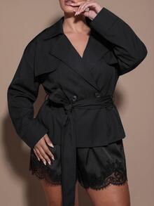 SHEIN BAE CURVE 大尺碼黑色短款腰帶式風衣外套 - 黑色 - 查看 8