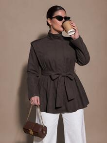 SHEIN BAE CURVE Plus Size Women's Coffee Brown Tie Strap Shoulder Short Jacket - Coffee Brown - View 4