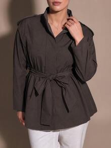 SHEIN BAE CURVE Plus Size Women's Coffee Brown Tie Strap Shoulder Short Jacket - Coffee Brown - View 7