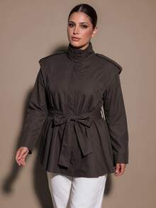 SHEIN BAE CURVE Plus Size Women's Coffee Brown Tie Strap Shoulder Short Jacket - Coffee Brown - View 3
