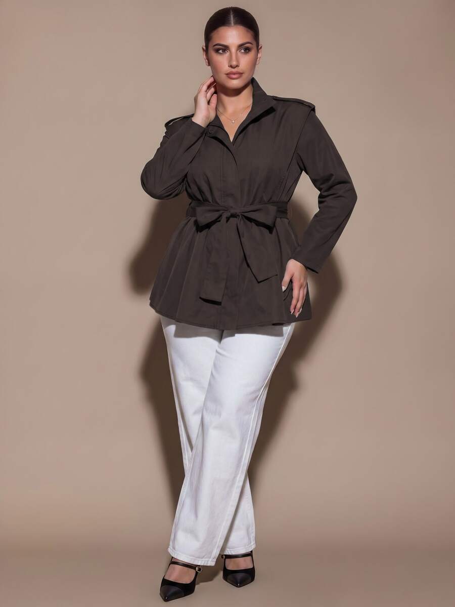 SHEIN BAE CURVE Plus Size Women's Coffee Brown Tie Strap Shoulder Short Jacket - Coffee Brown - View 1
