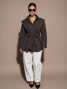 SHEIN BAE CURVE Plus Size Women's Coffee Brown Tie Strap Shoulder Short Jacket - Coffee Brown - View 8