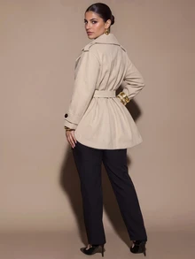 SHEIN BAE CURVE Plus Size Women's Khaki Long Sleeve Waist Tie Wool Blend Jacket - Apricot - View 2