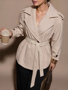 SHEIN BAE CURVE Plus Size Women's Khaki Long Sleeve Waist Tie Wool Blend Jacket - Apricot - View 5
