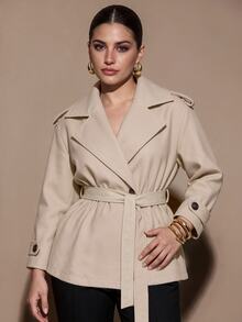 SHEIN BAE CURVE Plus Size Women's Khaki Long Sleeve Waist Tie Wool Blend Jacket - Apricot - View 1