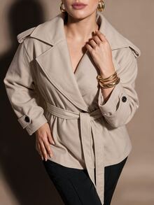SHEIN BAE CURVE Plus Size Women's Khaki Long Sleeve Waist Tie Wool Blend Jacket - Apricot - View 4