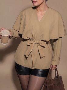 SHEIN BAE CURVE Plus Size Women Solid Color V-Neck Casual Smart Elegant Versatile Trench Coat Jacket Fall Office Business Cocktail Green - Khaki - View 5