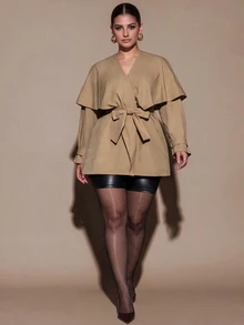 SHEIN BAE CURVE Plus Size Women Solid Color V-Neck Casual Smart Elegant Versatile Trench Coat Jacket Fall Office Business Cocktail Green - Khaki - View 6