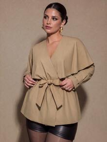 SHEIN BAE CURVE Plus Size Women Solid Color V-Neck Casual Smart Elegant Versatile Trench Coat Jacket Fall Office Business Cocktail Green - Khaki - View 3