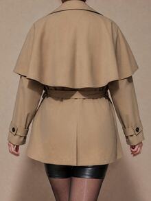 SHEIN BAE CURVE Plus Size Women Solid Color V-Neck Casual Smart Elegant Versatile Trench Coat Jacket Fall Office Business Cocktail Green - Khaki - View 2
